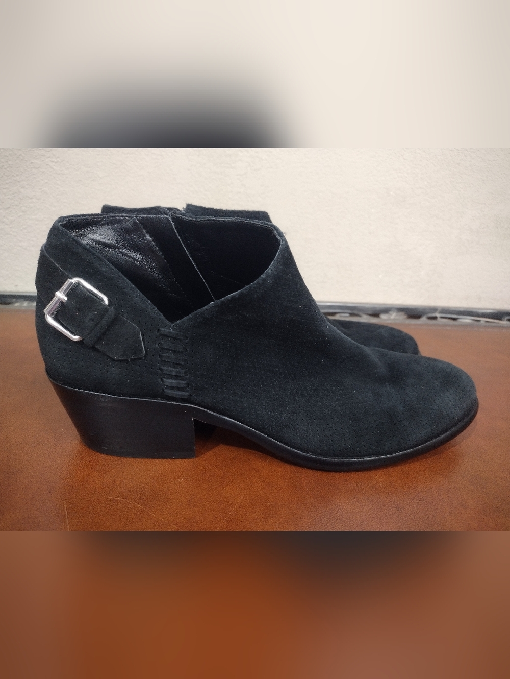 Vince Camuto Edgy Black Suede Ankle Booties with Low Block Heel Buckle Accents